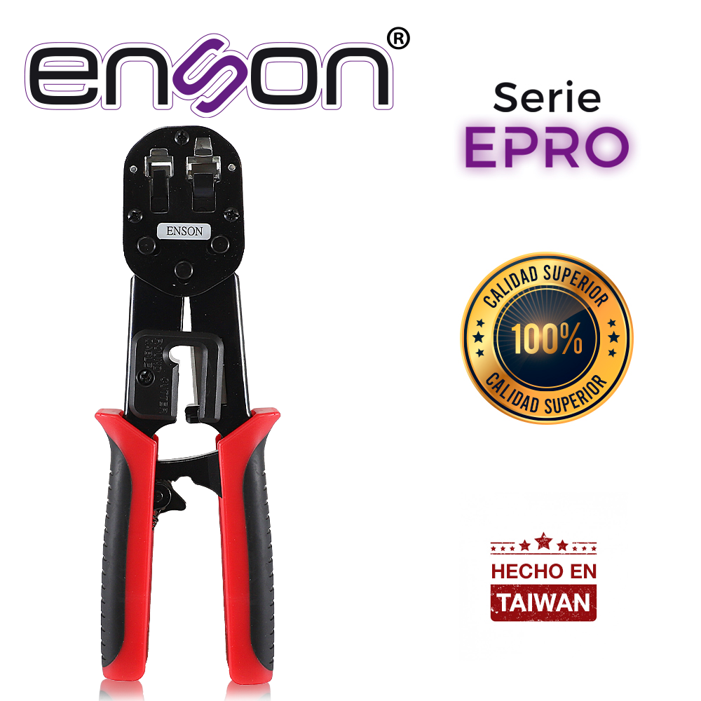 Imagen de PINZA PONCHADORA ENSON EPRO-PLUGTOOL SERIE EPRO, DISEÑADA PARA EL PONCHADO CON PLUG FACIL PONCHADO SERIE EPRO, PONCHA PLUGS RJ45 Y RJ11, CUENTA CON GUILLOTINA QUE CORTA EL EXCESO DE CABLE UTP, LO CUAL AGILIZA Y AHORRA TIEMPO EN PROYECTOS