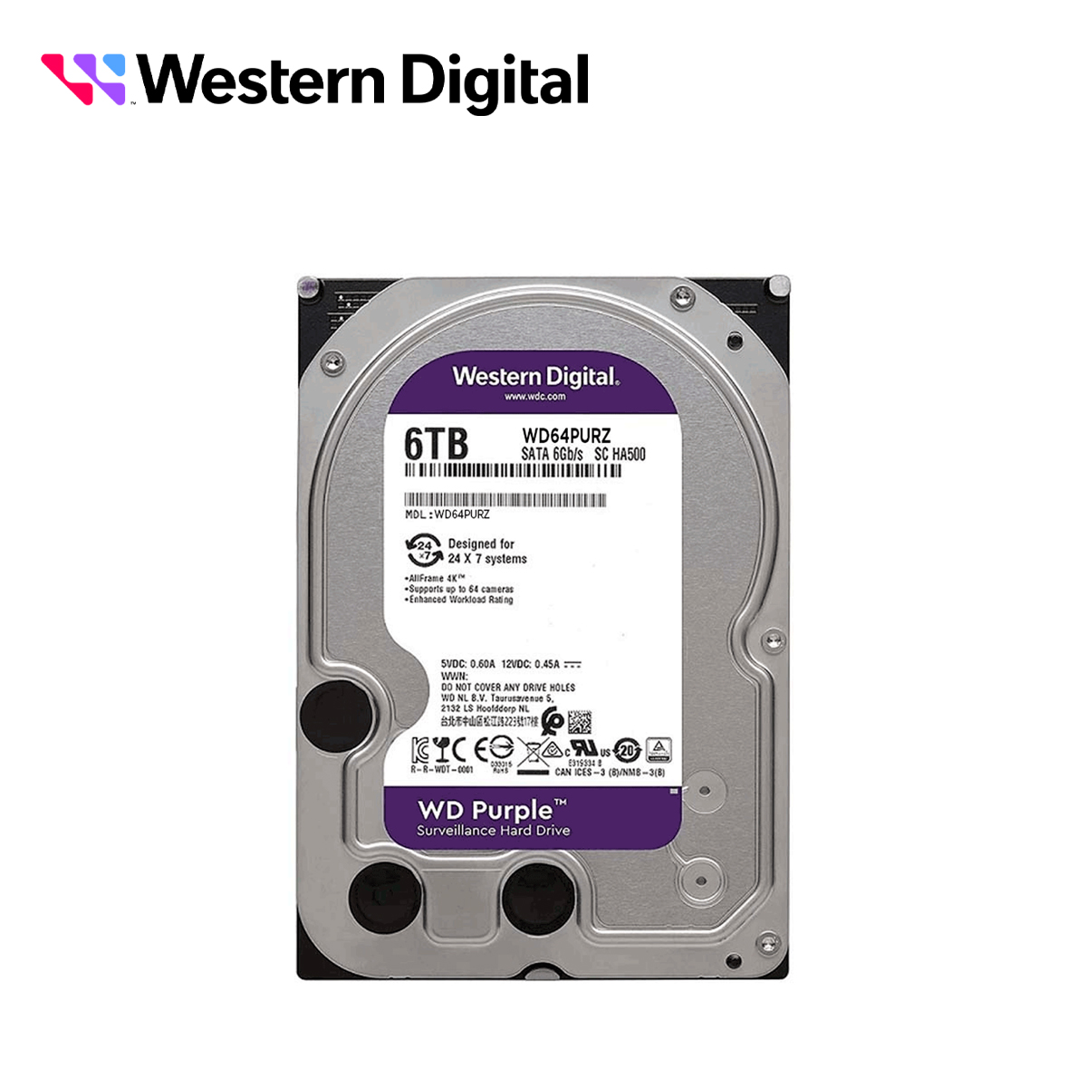 Imagen de DISCO DURO DD 6TB SATA WD PURPLE WD64PURZ 24/7 OPTIMIZADO PARA VIDEOVIGILANCIA SATA III 6GB/S 5400 RPM COMPATIBLE CON DVR Y NVR DE CUALQUIER MARCA