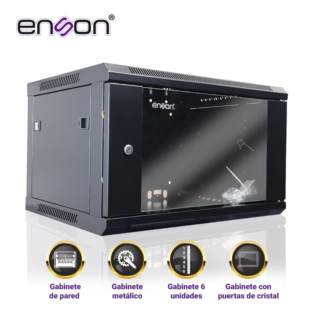 Imagen de GABINETE DE PARED ENSON ENS-RKGB6U 6UR PUERTA FRONTAL DE CRISTAL TEMPLADO CON CERRADURA DE SEGURIDAD RANURAS DE VENTILACION EN LA PARTE SUPERIOR PARA 2 VENTILADORES DE 11 CM ENSAMBLADO 600X450X368MM