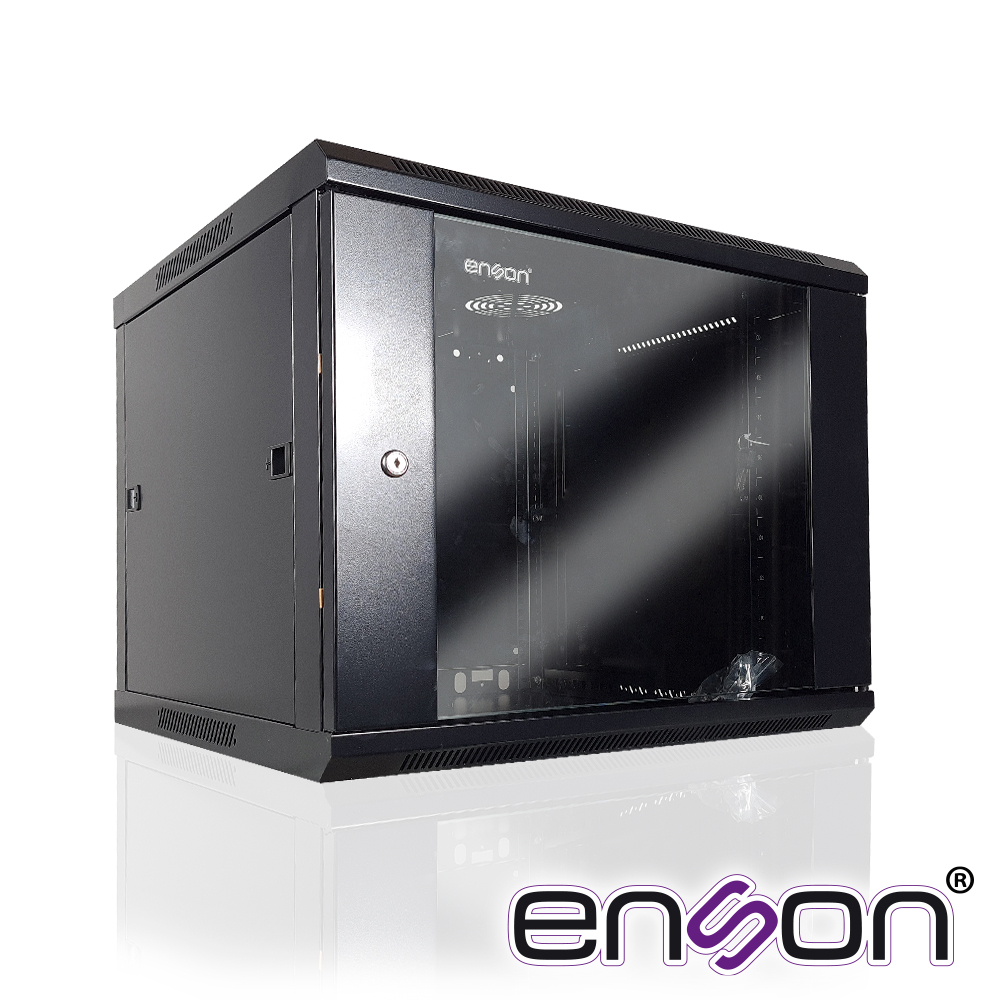 Imagen de GABINETE DE PARED ENSON ENS-RKGB9U 9UR PUERTA FRONTAL DE CRISTAL TEMPLADO CON CERRADURA DE SEGURIDAD RANURAS DE VENTILACION EN LA PARTE SUPERIOR PARA 2 VENTILADORES DE 11 CM 600X600X501MM