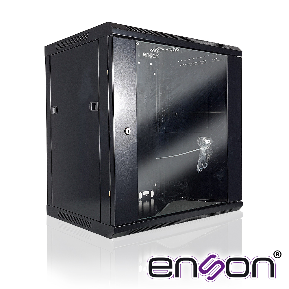 Imagen de GABINETE DE PARED ENSON ENS-RKGB12U 12UR PUERTA FRONTAL DE CRISTAL TEMPLADO CON CERRADURA DE SEGURIDAD RANURA DE VENTILACION EN LA PARTE SUPERIOR PARA VENTILADORES DE 11 CM ENSAMBLADO 600X450X635MM