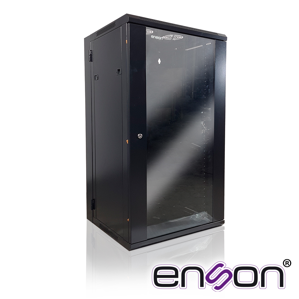 Imagen de GABINETE DE PISO/PARED ENSON ENS-RKGU22PRO 22U PUERTA FRONTAL DE CRISTAL TEMPLADO CON CERRADURA DE SEGURIDAD PUERTA TRASERA ABATIBLE RANURAS DE VENTILACION EN LA PARTE SUPERIOR PARA 2 VENTILADORES DE 11 CM DIMENSIONES 550X600X1055MM