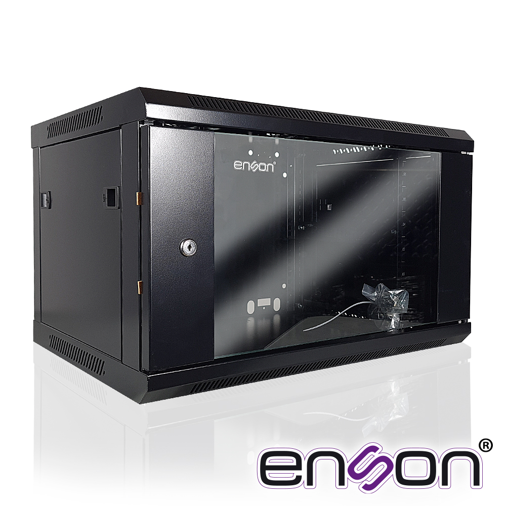 Imagen de GABINETE DE PARED ENSON ENS-RKGB6UD 6UR PUERTA FRONTAL DE CRISTAL TEMPLADO CON CERRADURA DE SEGURIDAD RANURAS DE VENTILACION EN LA PARTE SUPERIOR PARA 2 VENTILADORES DE 11 CM 600X450X368MM, REQUIERE ENSAMBLAJE