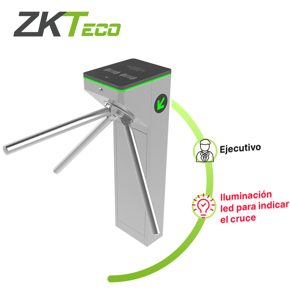 Imagen de TORNIQUETE TRIPODE COMPACTO FABRICADO EN ACERO CON DISEÑO EJECUTIVO MTS1000 ZKTECO SU CUBIERTA ACRILICA PERMITE INSTALAR LECTORAS DE TARJETAS PASO BIDIRECCIONAL CUENTA CON PICTOGRAMAS LED A LOS COSTADOS QUE INDICAN EL SENTIDO DEL CRUCE SISTEMA DE CAIDA DE BRAZO EN CASO DE FALLA ELECTRICA PERMI