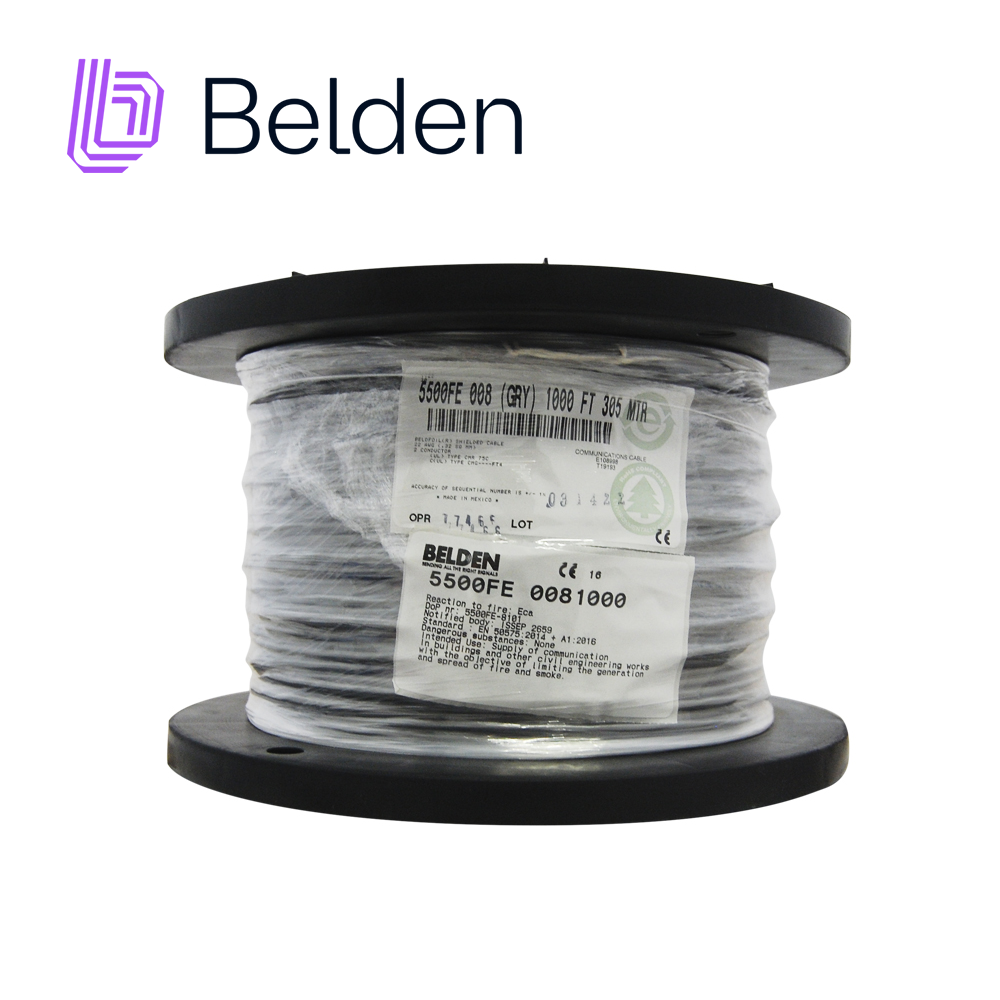 Imagen de CABLE DE SEGURIDAD Y SONIDO BELDEN 5500FE 0081000 / INTERIOR / GRIS / 2 CONDUCTORES / 22 AWG / FORRO PVC / CMR / BLINDADO / BOBINA / 1,000 PIES 305 METROS