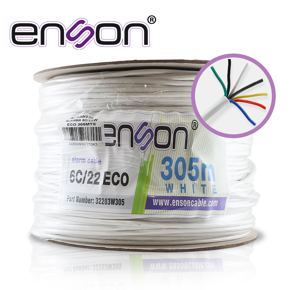 Imagen de CABLE DE ALARMA ENSON 32203W305 SERIE ECO MULTIFILAR  6C/22 AWG BOBINA DE 305 METROS FORRO PVC COLOR BLANCO PARA USO INTERIOR DISEÑADO PARA CONEXIONES DE SISTEMAS DE ALARMA