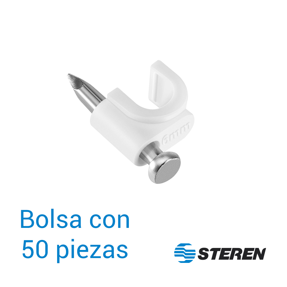 Imagen de GRAPAS DE PLÁSTICO STEREN GRA-955B BOLSA CON 50 PZS C/U COLOR BLANCO ESPECIAL PARA SUJETAR CONDUCTORES, USO PARA INTERIORES Y EXTERIORES, PUEDE UTILIZARSE EN MUROS O TECHOS.