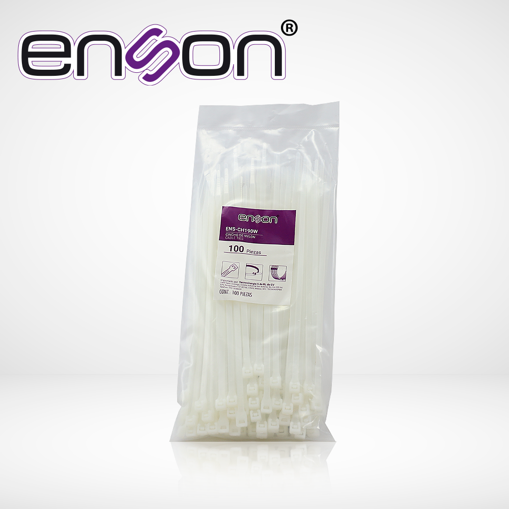 Imagen de CINCHO DE NYLON ENSON ENS-CH190W COLOR NATURAL DE 4.8 X 190MM DE LONGITUD FUERZA DE TENSION DE HASTA 22 KGS