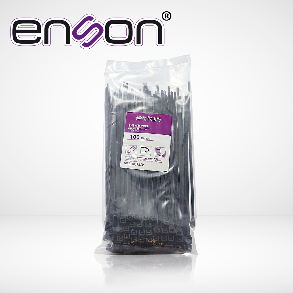 Imagen de CINCHO DE NYLON ENSON ENS-CH190B COLOR NEGRO DE 4.8 X 190MM DE LONGITUD FUERZA DE TENSION DE HASTA 22 KGS