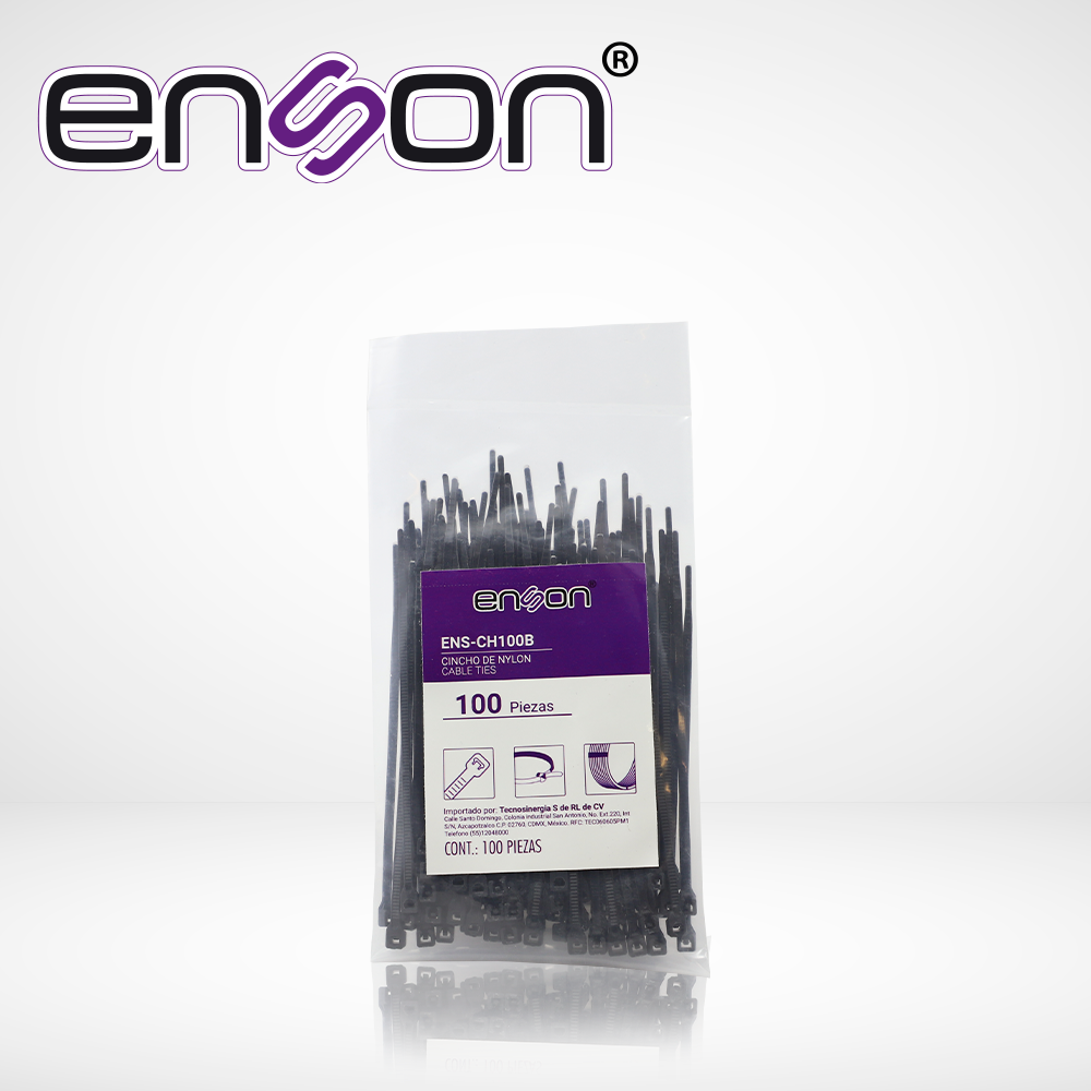 Imagen de CINCHO DE NYLON ENSON ENS-CH100B COLOR NEGRO DE 2.5 X 100MM DE LONGITUD FUERZA DE TENSION DE HASTA 8 KGS