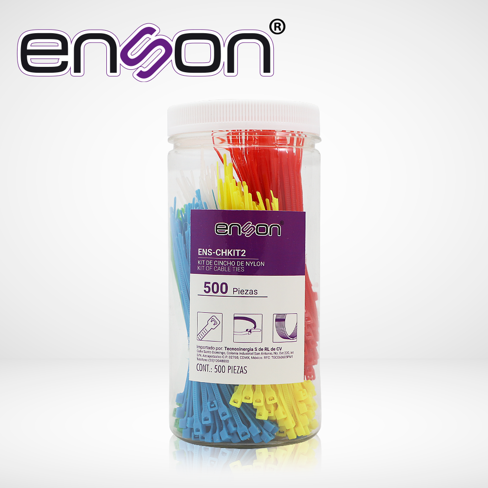 Imagen de KIT DE CINCHOS DE NYLON ENS-CHKIT2 DE 500 PIEZAS EN 5 COLORES DE 100MM, USO SUGERIDO DE PINAZA TENSORA ENS-TGUN