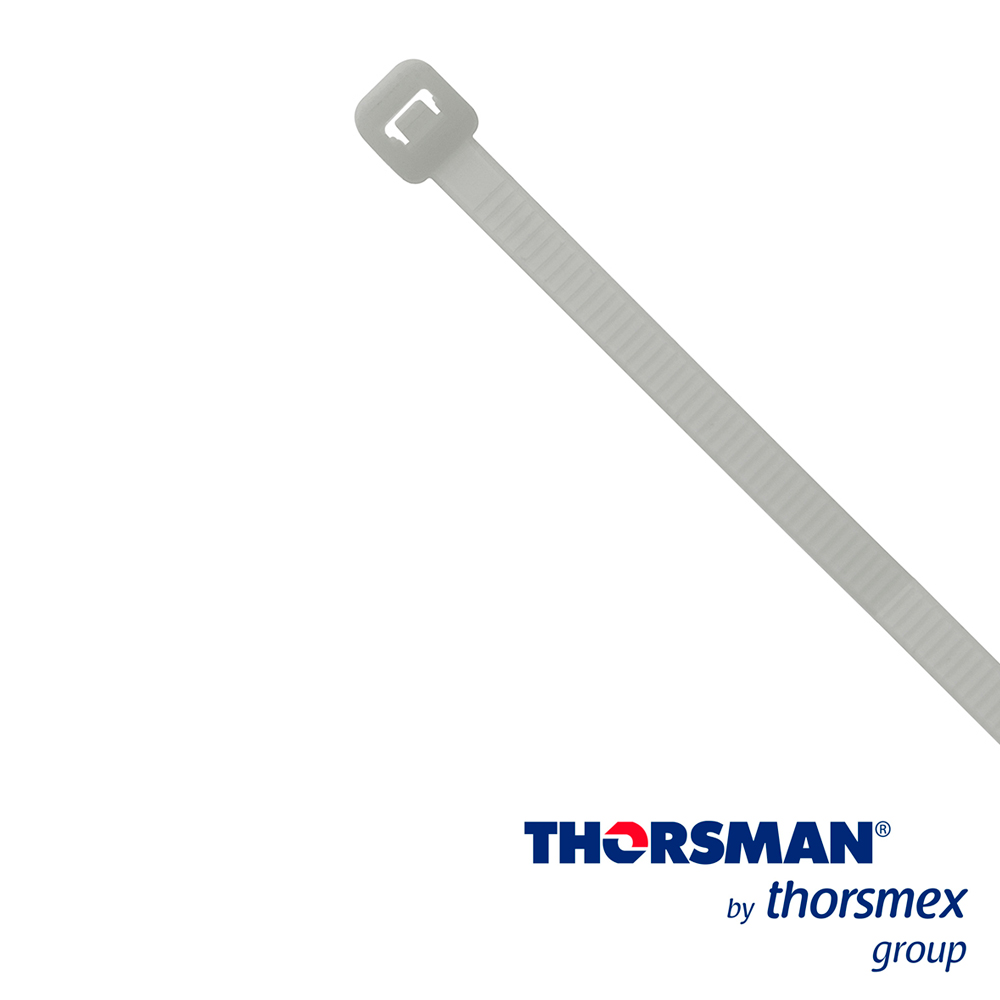 Imagen de CINCHO NYLON TH-190 THORSMAN 4200-03000 COLOR NATURAL, A 4.8MM - L 190MM, BOLSA/100PZS, DIAMETRO MAXIMO CAPACIDAD DE ATADO 49mm, FABRICADO EN POLIAMIDA (Nylon 66), GRADO DE FLAMABILIDAD UL 94 V-2, TENSIÓN 22 (KG) IDEAL PARA DUCTOS Y CABLES