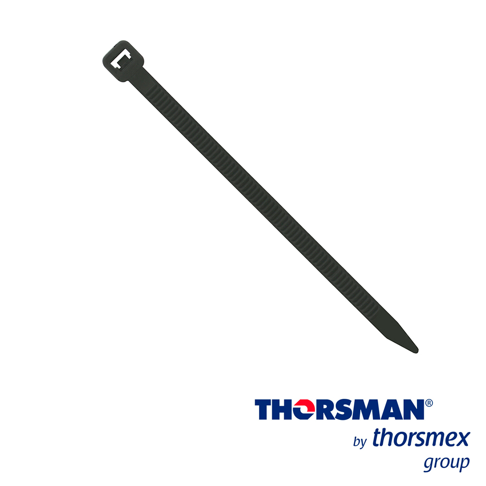 Imagen de CINCHO NYLON TH-100 THORSMAN 4200-01001 COLOR NEGRO A 2.5MM- L 100MM BOLSA/100PZS DIAMETRO MAXIMO CAPACIDAD DE ATADO 22mm, FABRICADO EN POLIAMIDA (Nylon 66), GRADO DE FLAMABILIDAD UL 94 V-2,  RESISTENTE A LA CORROSIÓN, HUMEDAD Y CLIMAS EXTREMOS, TENSIÓN 8 (KG) IDEAL PARA DUCTOS Y CABLES