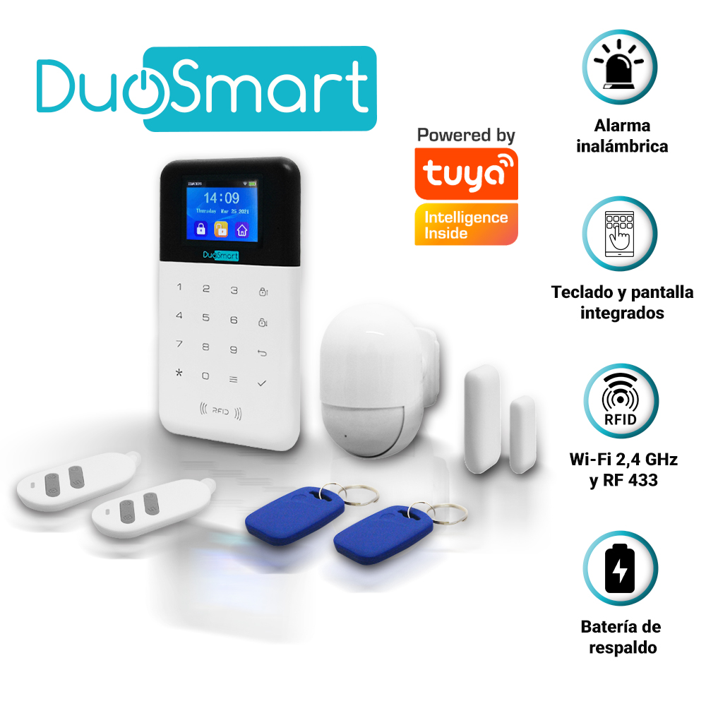 Imagen de KIT ALARMA INALAMBRICA DUOSMART C30 COMUNICACION DUAL WIFI 2.4 GHZ RF 433.92 INCLUYE 1 PANEL CON TECLADO 1 PIR 1 MAGNETO 2 LLAVEROS MONITOREO EN APP DUOSMART **COMPATIBLE CON SENSORES DUOSMART C Y SIRENA INALAMBRICA**