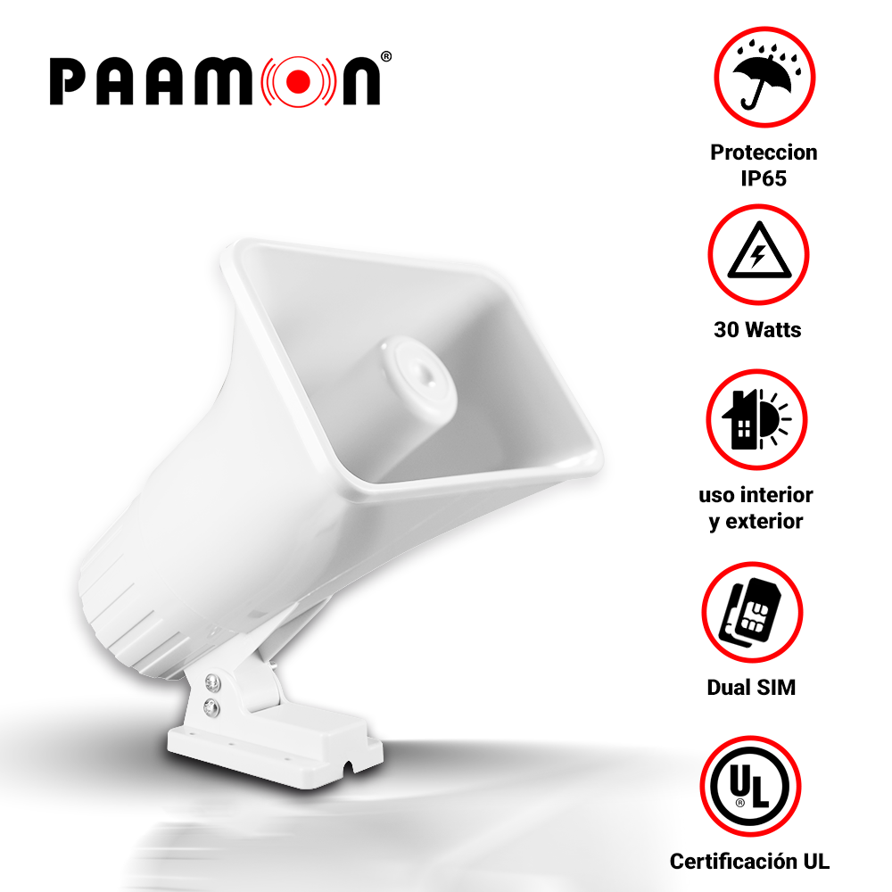 Imagen de SIRENA 30WATTS PAAMON PAM-SRE30W DOBLE TONO/ ALAMBRICA / COLOR BLANCO/ PROTECCIÓN IP65 / USO EN INTERIOR Y EXTERIOR/ NIVEL DE SONIDO 118/-2dB / COMPATIBLE CON TODOS LOS SISTEMAS DE ALARMA  SIN CAJA INDIVIDUAL
