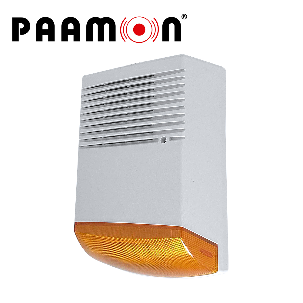 Imagen de SIRENA CON ESTROBO PARA EXTERIOR PM-SRE60ABATT, CON DOBLE CARCASA UNA EXTERNA PLASTICA Y UNA INTERNA METALICA PARA DOBLE PROTECCION, VOLTAJE DE OPERACION 9-28V DC, SIRENA CON 1 TONO DE 125dB, ESTROBO COLOR AMBAR, TASA DE PARPADEO DE 135 VECES POR MINUTO. INCLUYE  BATERIA DE 1.3 Ah