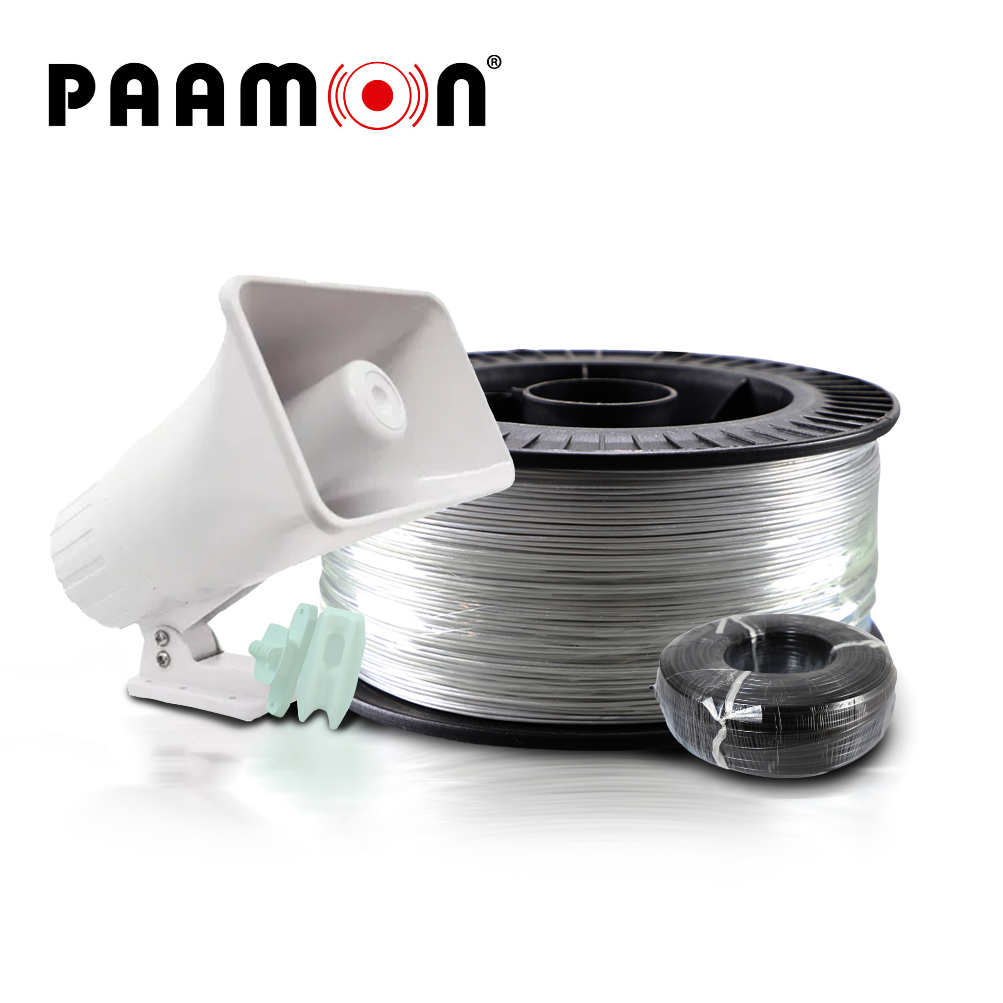 Imagen de KIT DE ACCESORIOS PARA CERCA ELECTRICA PAAMON/ PAM-CAC600 CABLE ALAMBRE DE ALUMINIO - CABLE DOBLE AISLADO DE ALTO VOLTAJE 100MT - PAM-AISPASOW AISLADORES DE PASO - PAM-AISESQUINAW AISLADORES DE ESQUINA - PAM-SRE30W SIRENA 30W