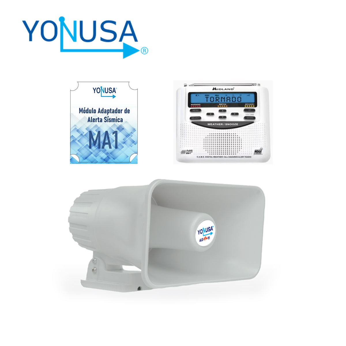Imagen de KIT ALERTA SÍSMICA YONUSA. CONTIENE EL AUDIO OFICIAL DE ALERTA SÍSMICA MEXICANO PARA EMISIÓN DE ALERTAS TEMPRANAS. RESPALDO DE BATERÍA, 120 DB DE SALIDA SONORA. COMPATIBLE CON CUALQUIER RADIO METEOROLÓGICO, WIFI SÍSMICO YONUSA Y MULTIPUNTO YONUSA.