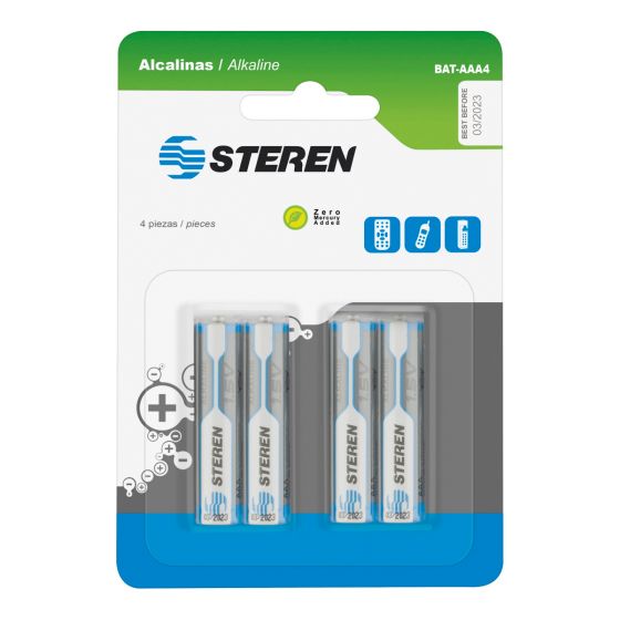 Imagen de PAQUETE DE 4 BATERÍAS ALCALINAS AAA DE 1,5 VOLTS STEREN BAT-AAA4