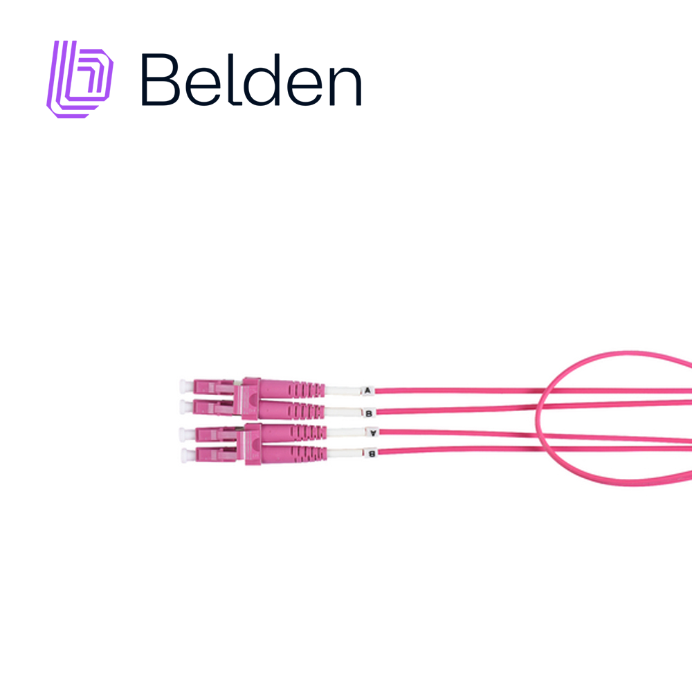 Imagen de JUMPER DE FIBRA OPTICA BELDEN FP4LDLD006M FORRO PVC COLOR VIOLETA FLAMABILIDAD OFNR RISER TIPO DE FIBRA MULTIMODO OM4 50/125 MICRAS CONECTORES LC DUPLEX - LC DUPLEX LONGITUD 6 METROS APLICACIONES ADECUADAS CENTROS DE DATOS SALAS DE EQUIPOS PRINCIPALES SALAS DE TELECOMUNICACIONES Y ÁREAS DE TRABAJO U